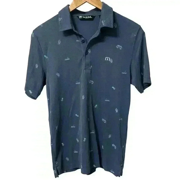 Men’s Travis Mathew Happy Thoughts Blue Golf Polo Pineapple Cactus Size Small - Picture 1 of 5